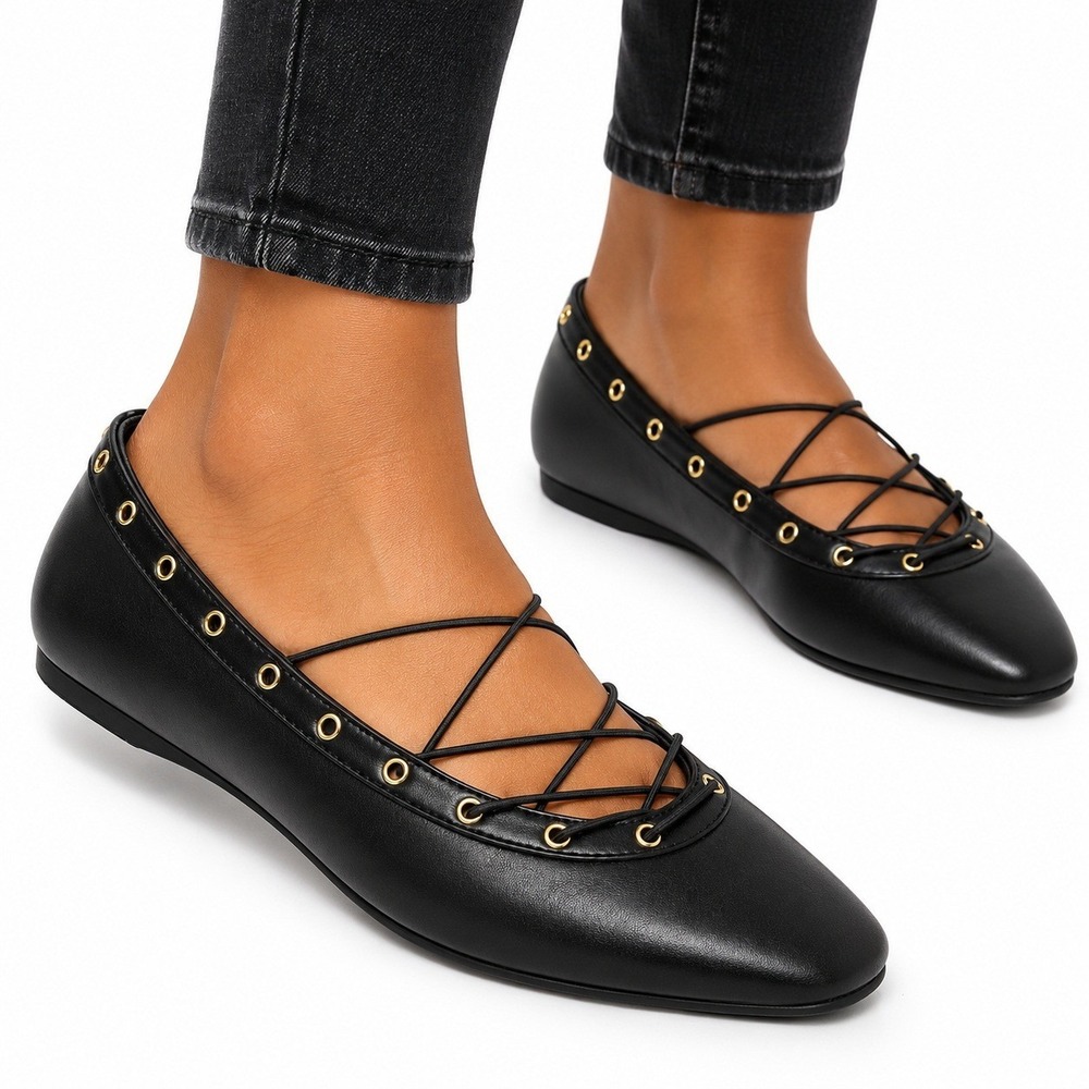Wild Fable Jay Flats Womens Size 9 Black Faux Leather Gold Grommet D-Toe Shoes